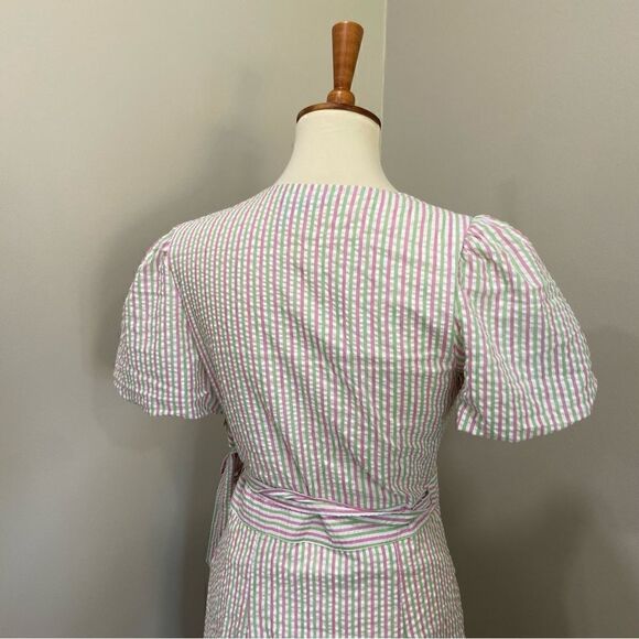 Draper James RSVP Pink Green Striped Seersucker Puff Sleeve Wrap Dress sz M - Picture 6 of 7